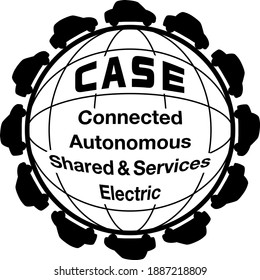 Twelve car silhouettes are evenly arranged around a circle that imitates the earth. CASE characters and explanations are laid out in the circle. Created with vector data.