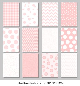 Twelve card templates with different patterns light and simple, dots, chevron, zigzag stripes, for valentines day design, baby shower card, tag, sticker, poster layout. 