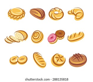 Twelve cartoon bread multicolored icons on white background