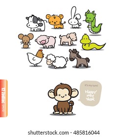 Twelve Cartoon Chinese/Japanese Zodiac for new year card background