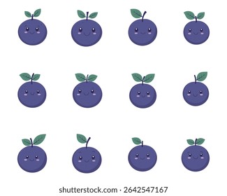 Twelve cartoon plum characters with happy faces and green leaf accents.