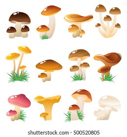 Twelve cartoon style isolated mushroom decorative icons set with inflorescence symbols and grass on blank background vector illustration