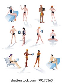 Twelve characters of young and cool men and women in swimsuits and making use of tech gadgets such as smart phones, laptops and digital tablets. Each of them can be very easily taken independently.