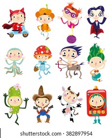 Twelve children characters in costumes. Funny halloween set with hand drawn characters.