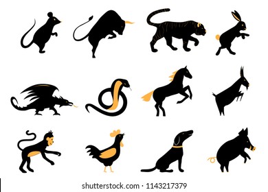 twelve chinese year lunar zodiac horoscope symbols. Zodiac china set. Silhouette animal vector illustration. Yellow and black color sign isolated on white background