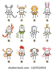 Twelve Chinese Zodiac Cartoon Characters Signs