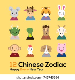 Twelve of the Chinese zodiac. Character cartoon. Rat, ox, tiger, rabbit, dragon, snake, horse, goat, monkey, chicken, dog and pig. Illustration vector set.