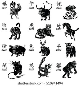 Twelve Chinese zodiac signs and characters that mean "rooster", "dog", "pig", "rat", "bull", "tiger', "rabbit", "dragon", "snake", "horse", "sheep", "monkey". Vector illustration