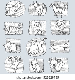 The Twelve Chinese Zodiac . Vector ink illustration in a doodle style. Horoscope icons.