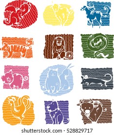 The Twelve Chinese Zodiac . Vector silhouettes . Funny doodle style. Horoscope icons.