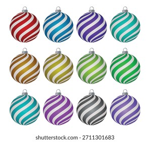 Doze bolas de Natal com listras diagonais em um fundo branco
