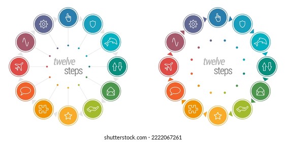 Twelve circles each different color, connected with triangle arrows forming one larger circle - multiple steps process infographics