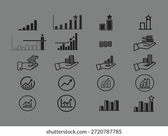 Doze ícones minimalistas circulares com gráficos de linhas ascendentes e gráficos de barras para rastreamento de sucesso, crescimento e análise.
