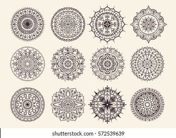 Twelve circular ornaments. Round Pattern Mandala. Round backgrounds for the greeting cards,  invitation, tattoo template, business style, cards or else. Vector illustration