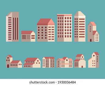 twelve city buildings set icons