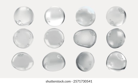 Twelve clear water droplets on a white background. Water droplets vary in shape and size. Clear droplets create a refreshing, clean look. Water droplets are glossy. Soap bubble element vector set.