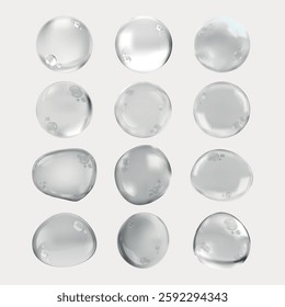 Twelve clear water droplets on a white background. Droplets are transparent, spherical, and glossy. Water droplets create a clean, fresh, and pure effect. Soap bubble element vector set.