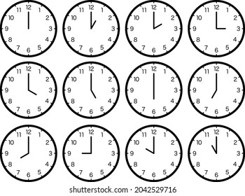 Twelve clocks isolated vector illustrations set.