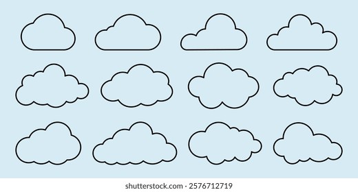 Twelve cloud outlines in various shapes on a light blue background. Cloud shapes vary in size and form, creating a simple and minimalist cloud pattern. Weather illustration, vector set.