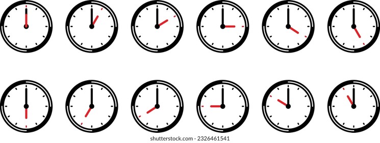 Twelve Cock Icons Showing Various Time