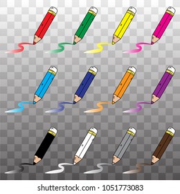 Twelve color pencils on a transparent background,Vector,Illustration.