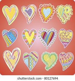 Twelve colored hearts made of doodle designs.  Useful for valentine situations