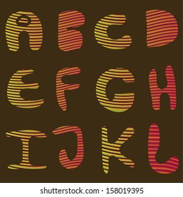 twelve colored letters with red horizontal stripes within them