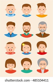 Twelve Colorful flat faces icons of men and women in different ages: Young, adult, senior.