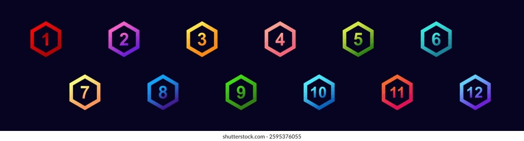 Twelve colorful hexagons, each containing a unique number, arranged in two organized rows.