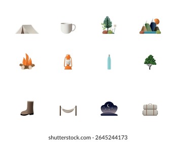 Twelve colorful icons depicting various camping elements, including a tent, campfire, lantern, and hiking boot, symbolizing outdoor recreation and wilderness exploration