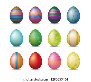 Doce huevos brillantes de Pascua coloridos con varios patrones