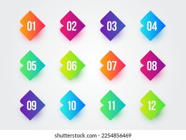 Twelve Colorful Square Shaped Bulletpoints 