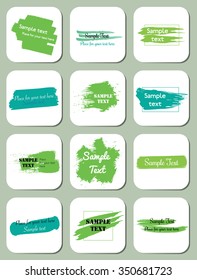 Twelve colorful vector stickers or labels or tags with a brush stroke hand drawn ink background. Trendy and modern elements for your design. Beautiful background for text.