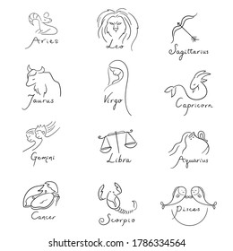 Twelve constellations handwriting and illustrations on white background. vector illustration