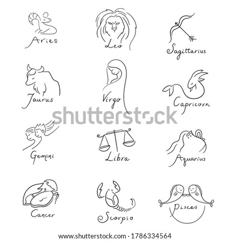 Twelve constellations handwriting and illustrations on white background. vector illustration