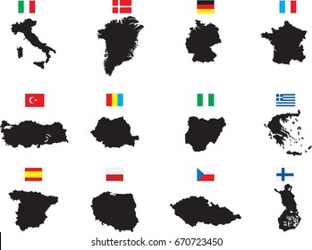 Twelve countries with flags illustrated on white