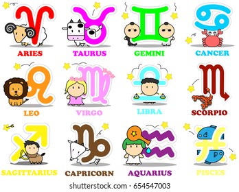 Twelve Cute cartoon with Big Zodiac sign icon symbol vector isolated on white background