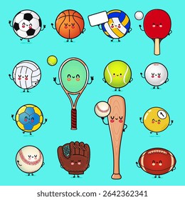 Twelve cute sport balls and equipment characters waving and holding blank sign, perfect for sport events and kids marketing campaigns
