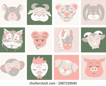 twelve cute vector animal heads: rat, bull, tiger, rabbit, dragon, snake, horse, goat, monkey, rooster, dog, pig