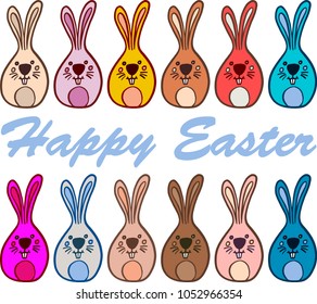
twelve cute vector easter bunnies in many colors