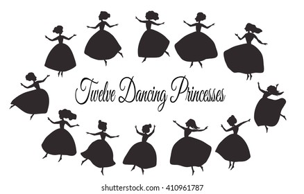 Twelve dancing princesses. Vector paper cutting. Laser cutting
