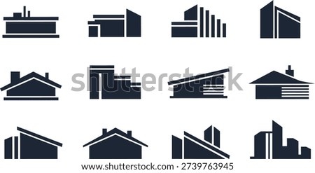 Twelve dark building icons on white background