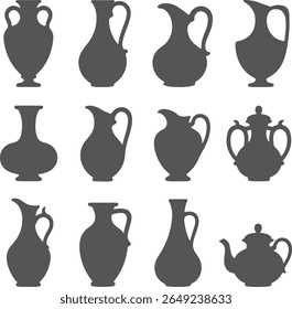 Doze silhuetas cinza escuro de jarros jarros vasos ânforas e bules de chá contra um fundo branco Formas simples e tamanhos variam Estilo minimalista