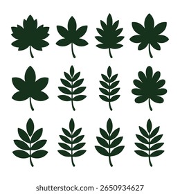 Doze silhuetas de folha verde escura dispostas em três fileiras sobre um fundo branco.