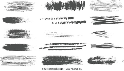 Doze traçados e linhas de pincel abstratos cinza escuro com bordas texturizadas em um plano de fundo branco.