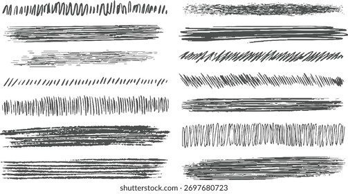 Twelve dark grey hand drawn scribbled brush stroke textures on a white background.