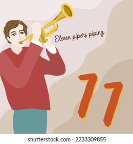 The twelve days of Christmas. Eleventh day. Eleven pipers piping. Christmas concept.