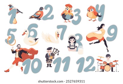 The twelve days of Christmas. English Christmas carol. Vector isolated illustration.