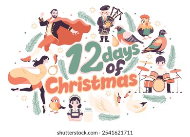 The twelve days of Christmas. English Christmas carol. Vector isolated illustration.