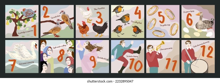 Twelve days of Christmas. Vector collection of images. Christmas countdown. 